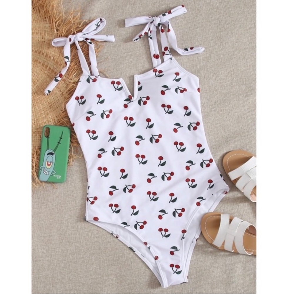 One Piece Swimsuit white with Cherry print!